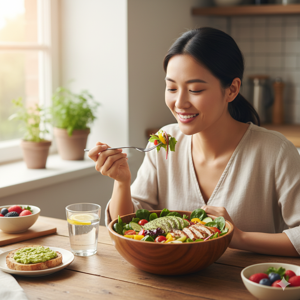サラダを食べる女性